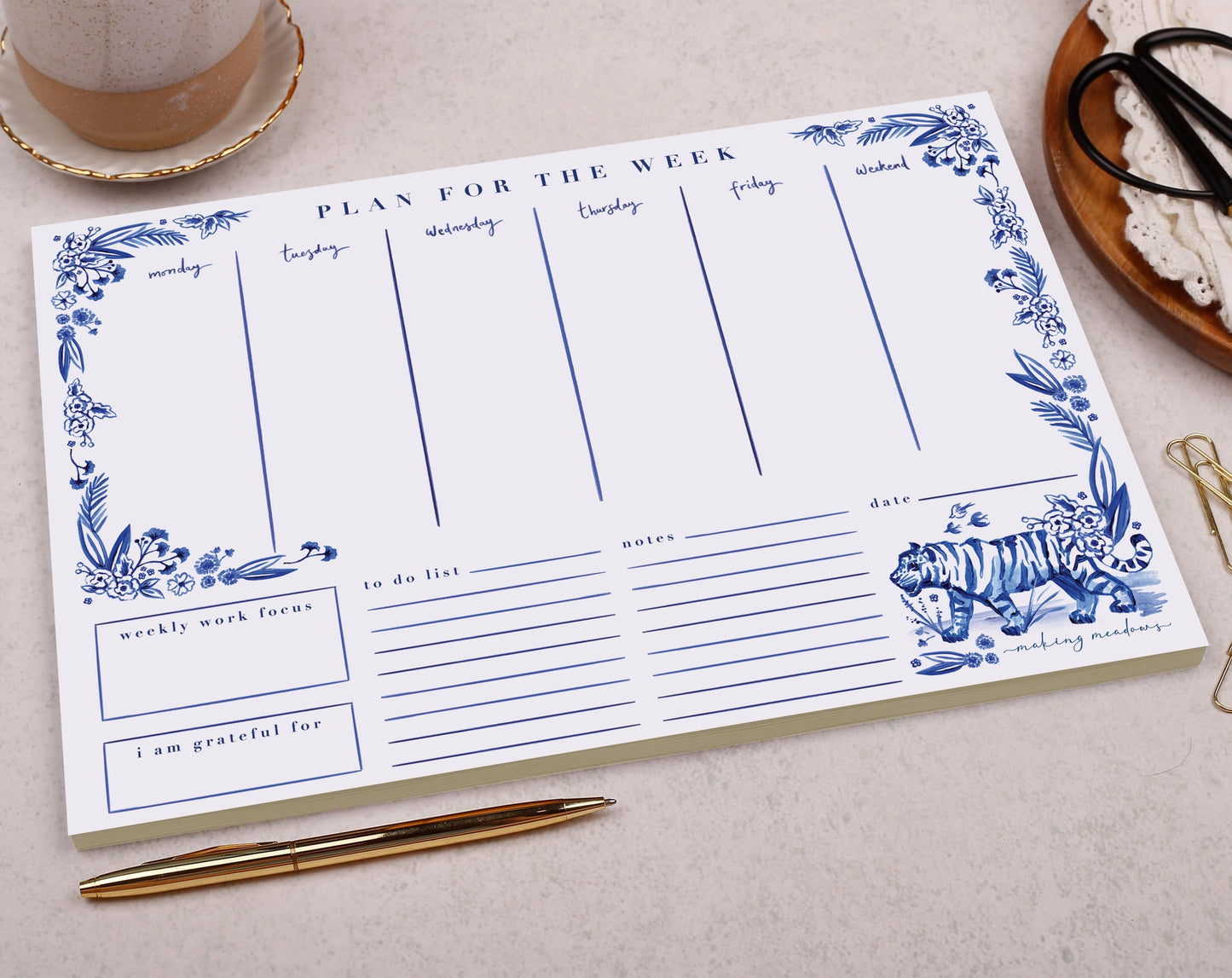 Making Meadows: Desk Pad - Weekly Planner Blue Floral Tiger