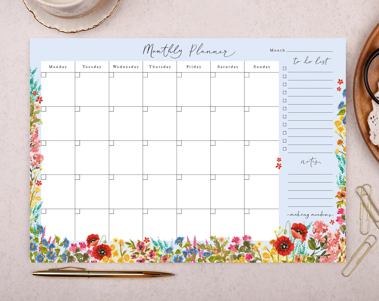 Making Meadows: A4 Monthly Planner Pad - Blue Watercolour Flowers